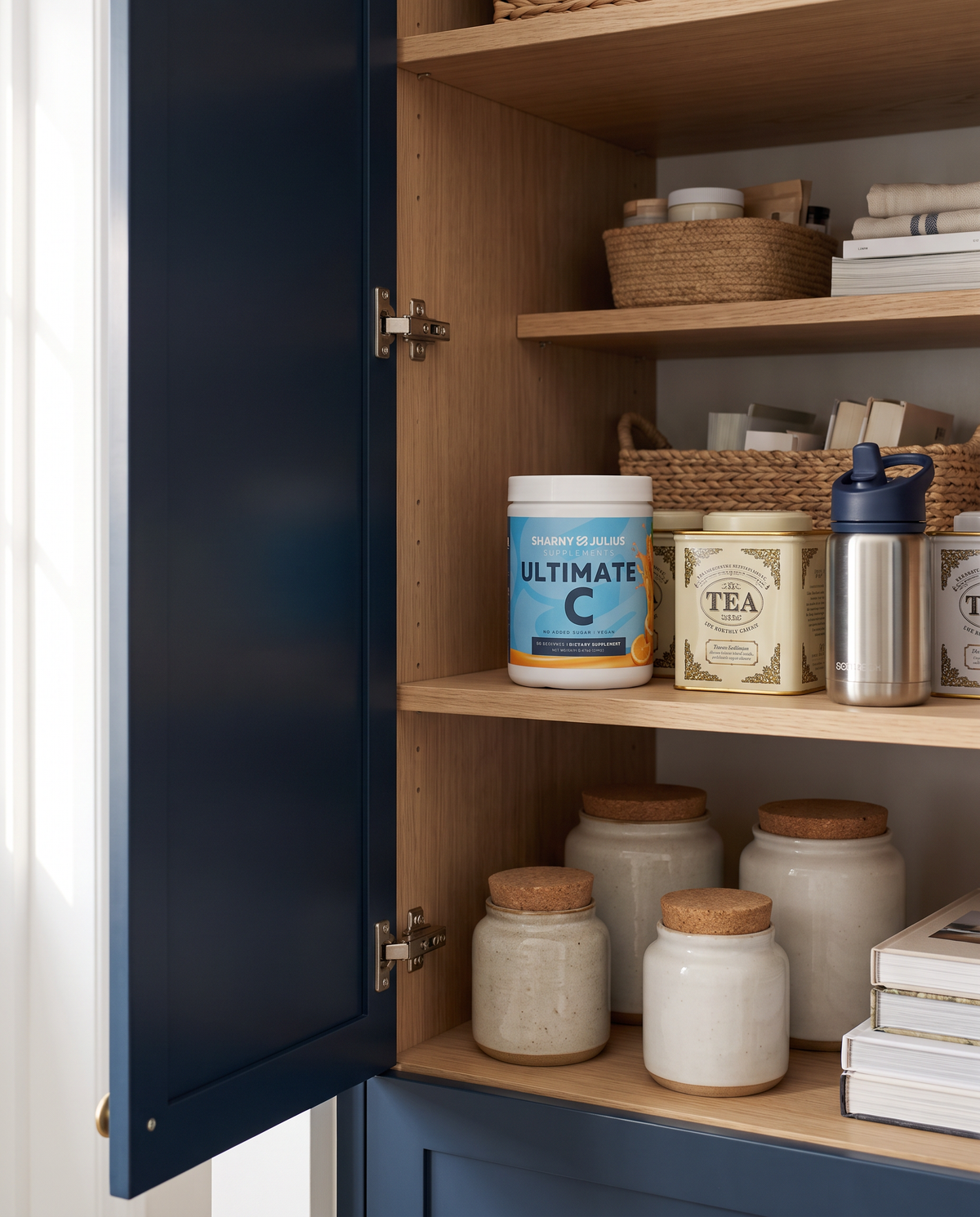 Ultimate C on a pantry shelf next to tea tins and a kid's water bottle