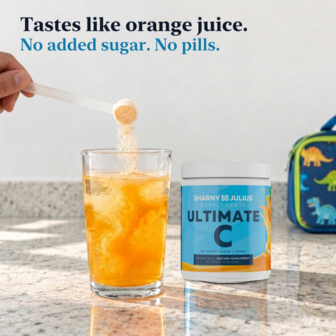 Ultimate C tastes like orange juice, no added sugar, no pills