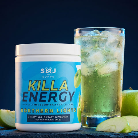 Killa Energy Northern Lights tub with a glass of iced drink