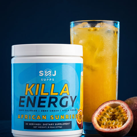 Killa Energy African Sunrise tub with a glass of iced drink
