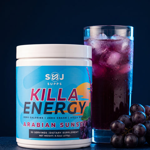 Killa Energy Arabian Sunset tub with a glass of iced drink