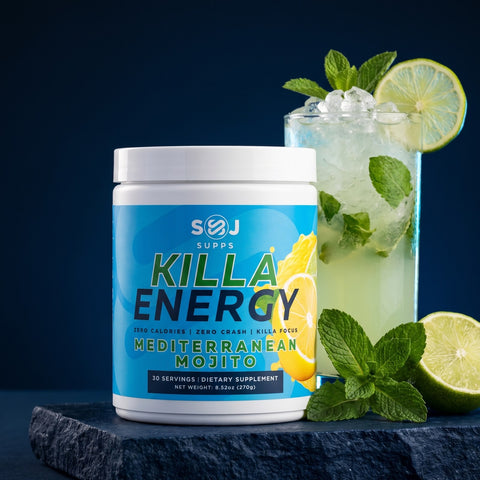 Killa Energy Mediterranean Mojito tub with a glass of iced drink