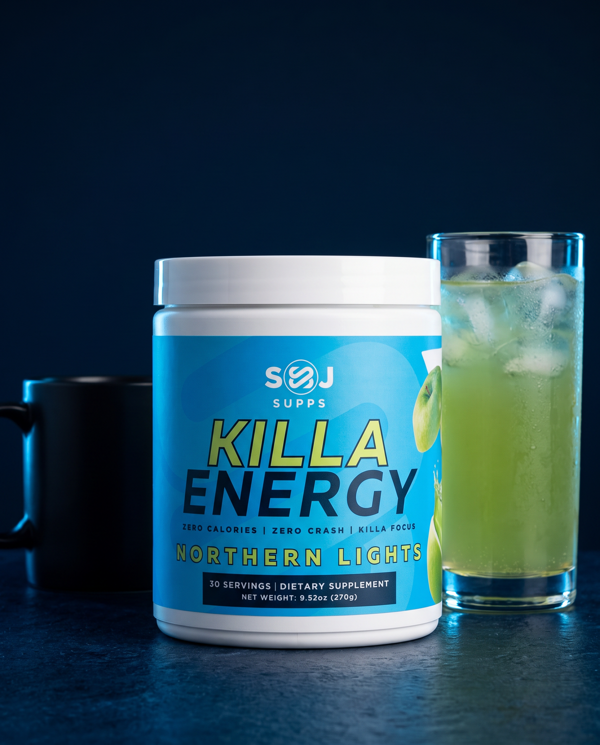 Killa Energy Northern Lights next to a cold cup of coffee pushed aside