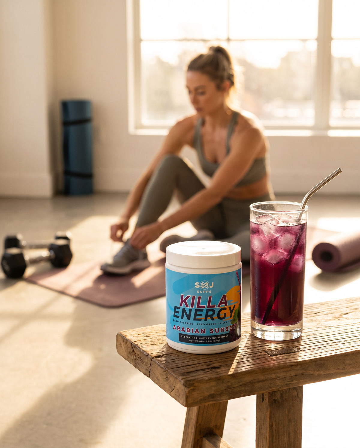 Killa Energy Arabian Sunset on a bench in a home gym