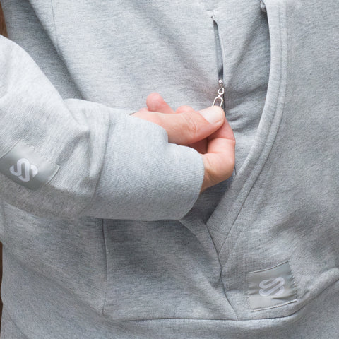 Hidden security pocket with steel zipper being opened