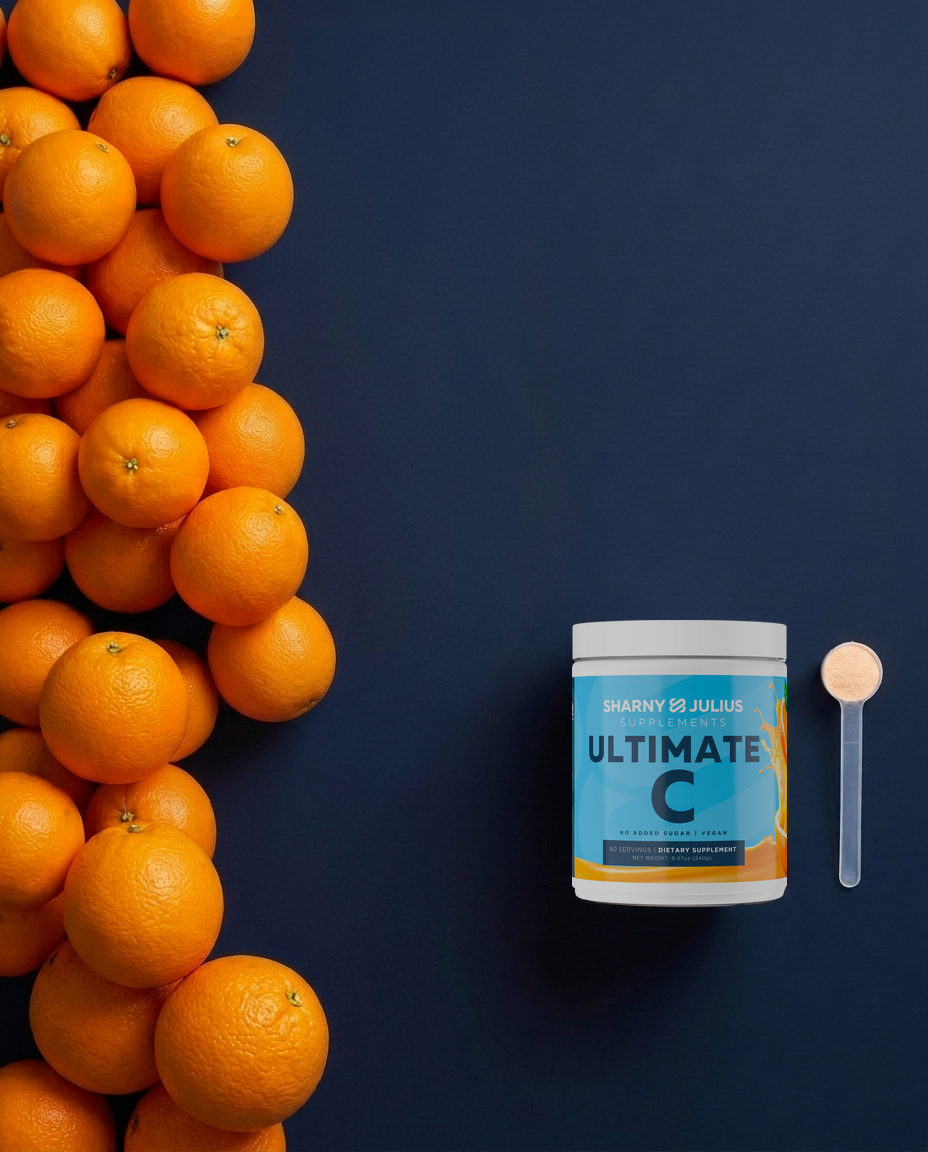 One scoop of Ultimate C equals 35 oranges: a heap of fresh oranges beside the tub and its small scoop