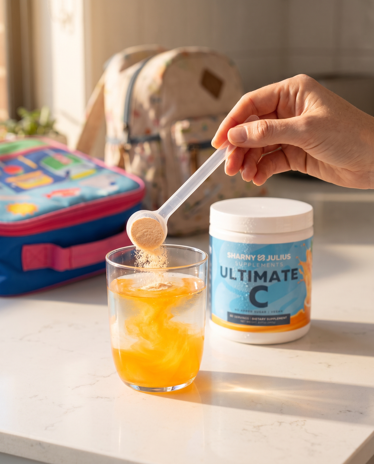 A scoop of Ultimate C being tipped into a glass of water on a kitchen counter